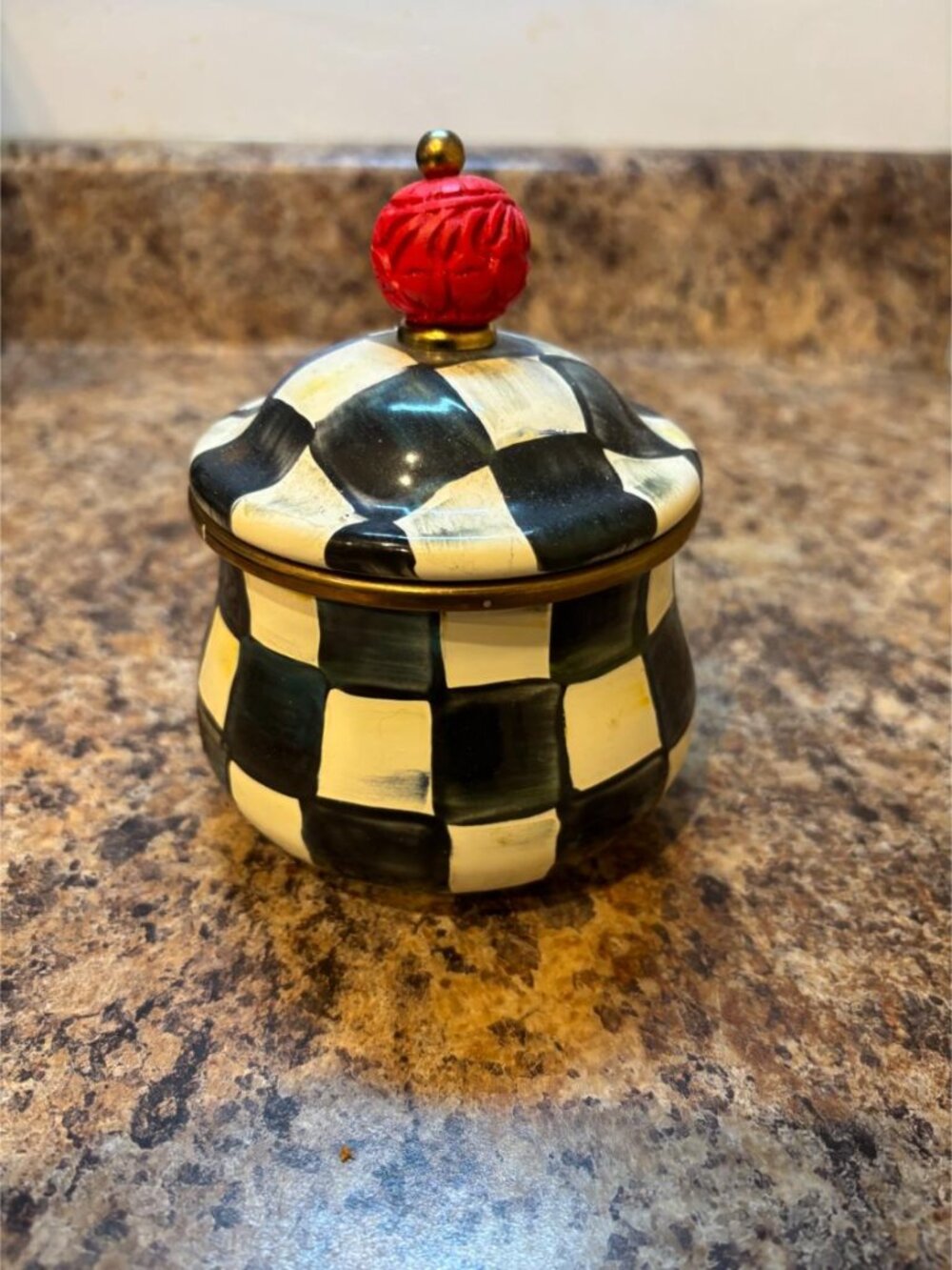 MACKENZIE-CHILDS Enamel Squashed Pot, Black-and-White Courtly Check